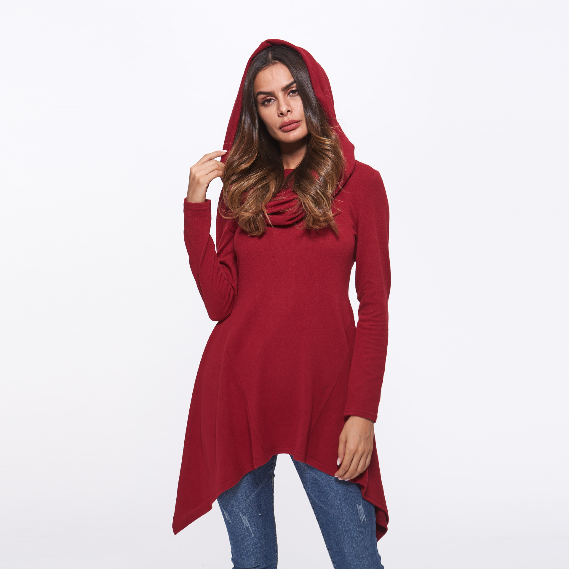 SZ60181-1 asymmetrical sweater dress for women cowl neck hooded knitwear